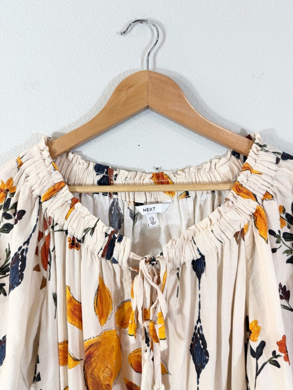 Next Floral Print Linen Blend Top Size US 8 Cream Sunshine Boho Off Shoulder - Picture 4 of 12